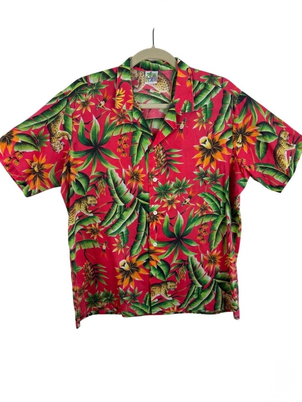 Oceanaire Mens Pink Tropical Leopard Jungle Print Camp Shirt Made in USA Large